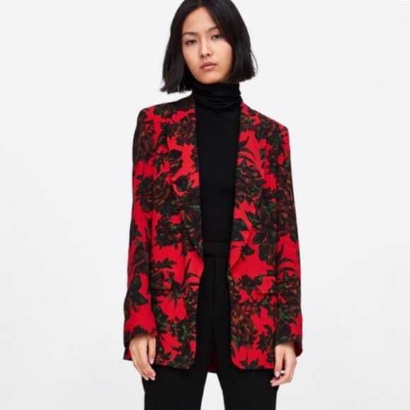 Zara Red Floral Blazer Jacket 